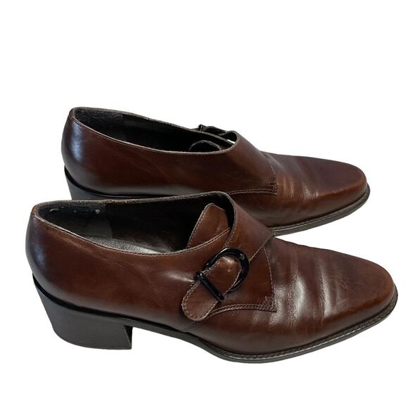 Bandolino Alanta Brown Leather Buckle Monk Strap Stacked Heel Shoes Size 9 - Picture 3 of 13